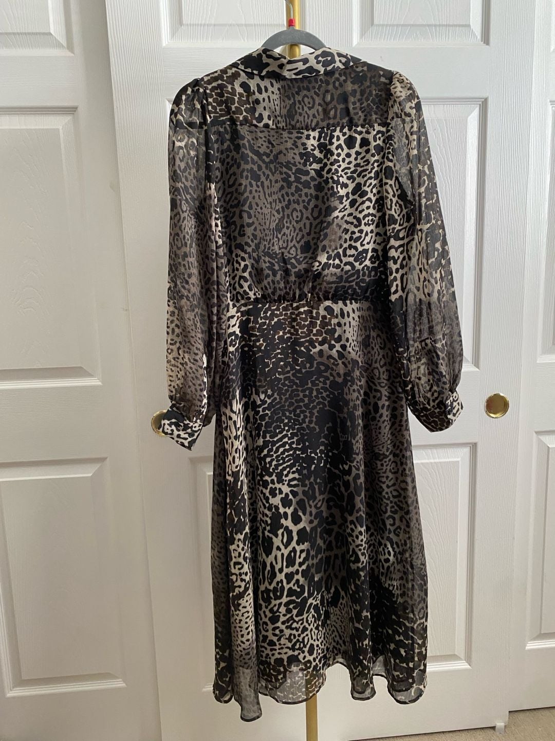 DKNY Animal Print Chiffon Midi Dress Size 12 Leopard Long Sleeve 9