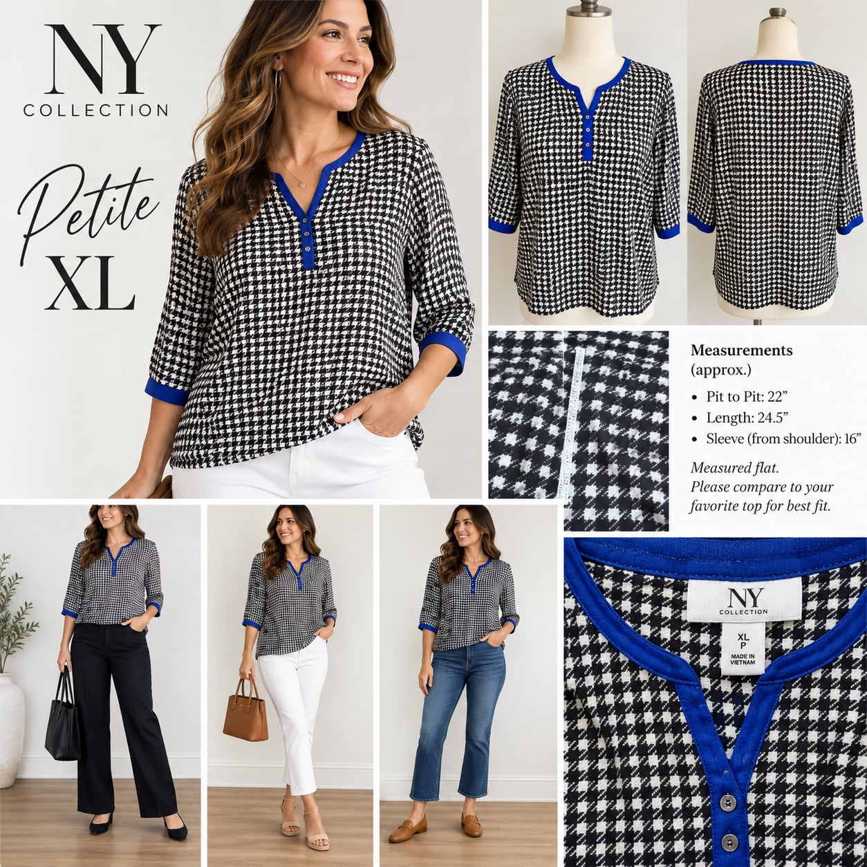 Ny Collection Petite Top Size Petite Black White Houndstooth Blouse 2