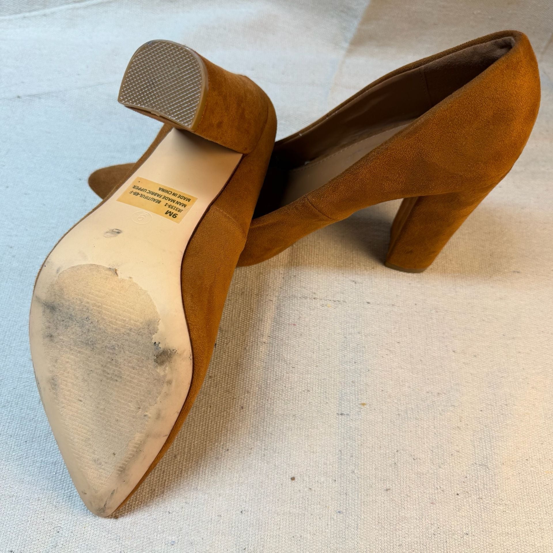 Suede Chunky Heel Pumps Tan 9