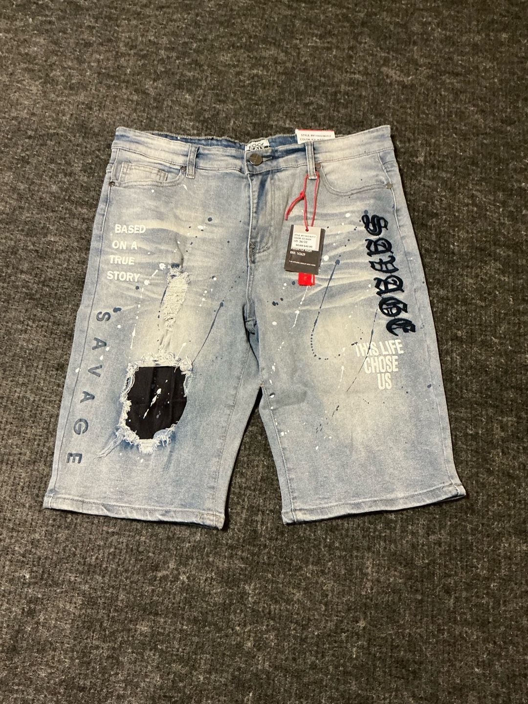Rock Salt Savage Distressed Paint Splatter Denim Shorts Mens Size 36 Light Blue 2