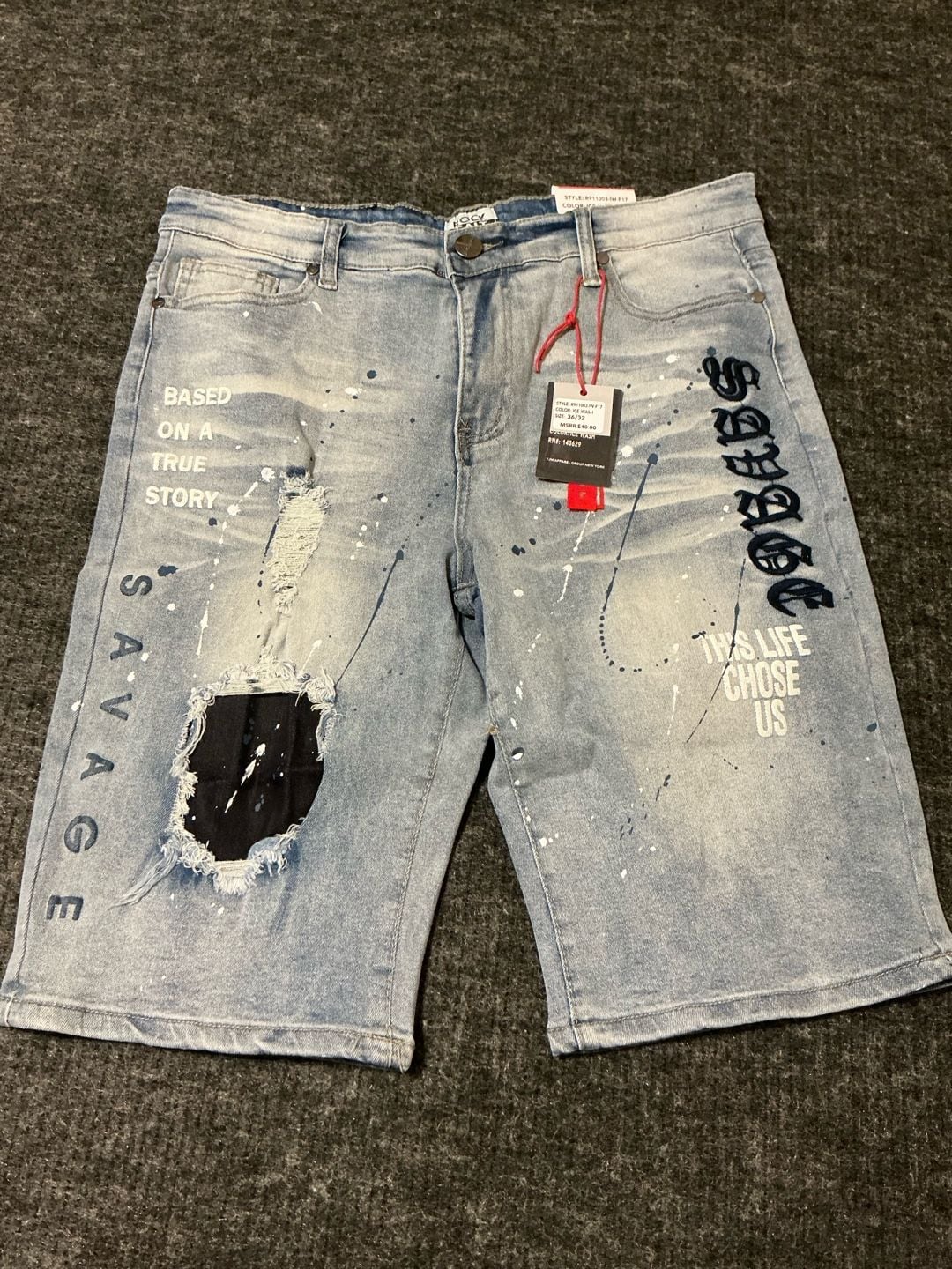 Rock Salt Savage Distressed Paint Splatter Denim Shorts Mens Size 36 Light Blue 3