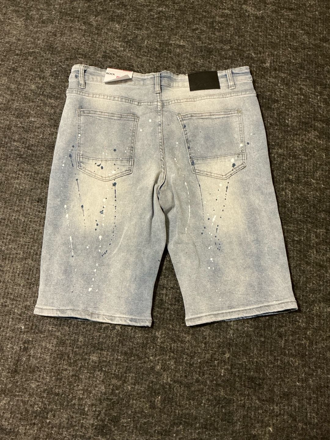Rock Salt Savage Distressed Paint Splatter Denim Shorts Mens Size 36 Light Blue 15