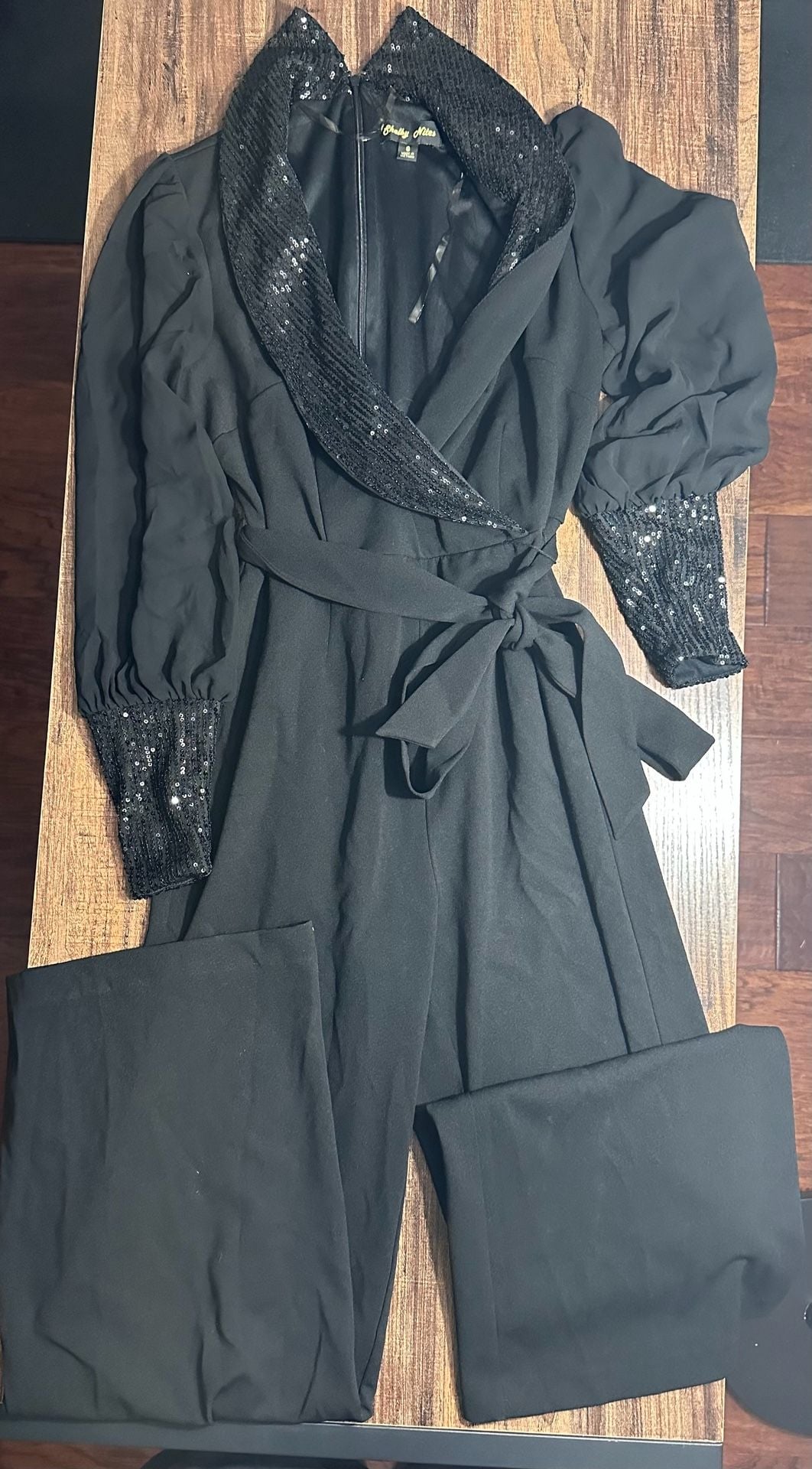 Shelby Nites Jumpsuit Size 6 Black Sequin Collar Long Sleeve Belted 1