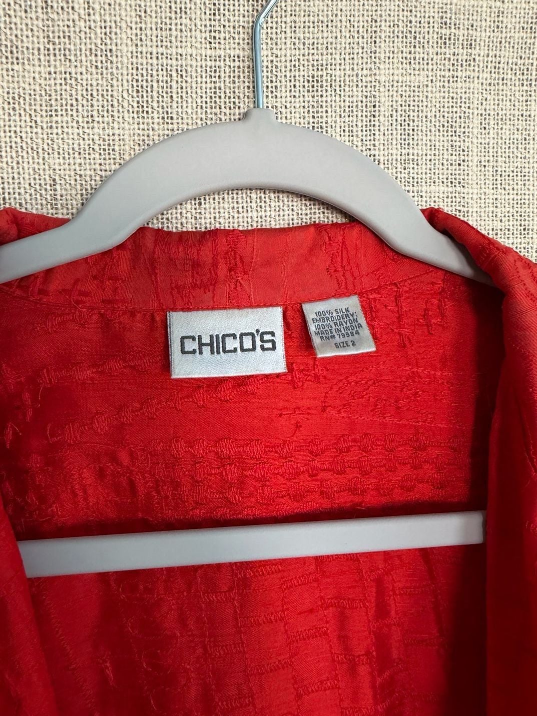 Chico's Jacket Size 1 Red Silk Textured Open Front 3