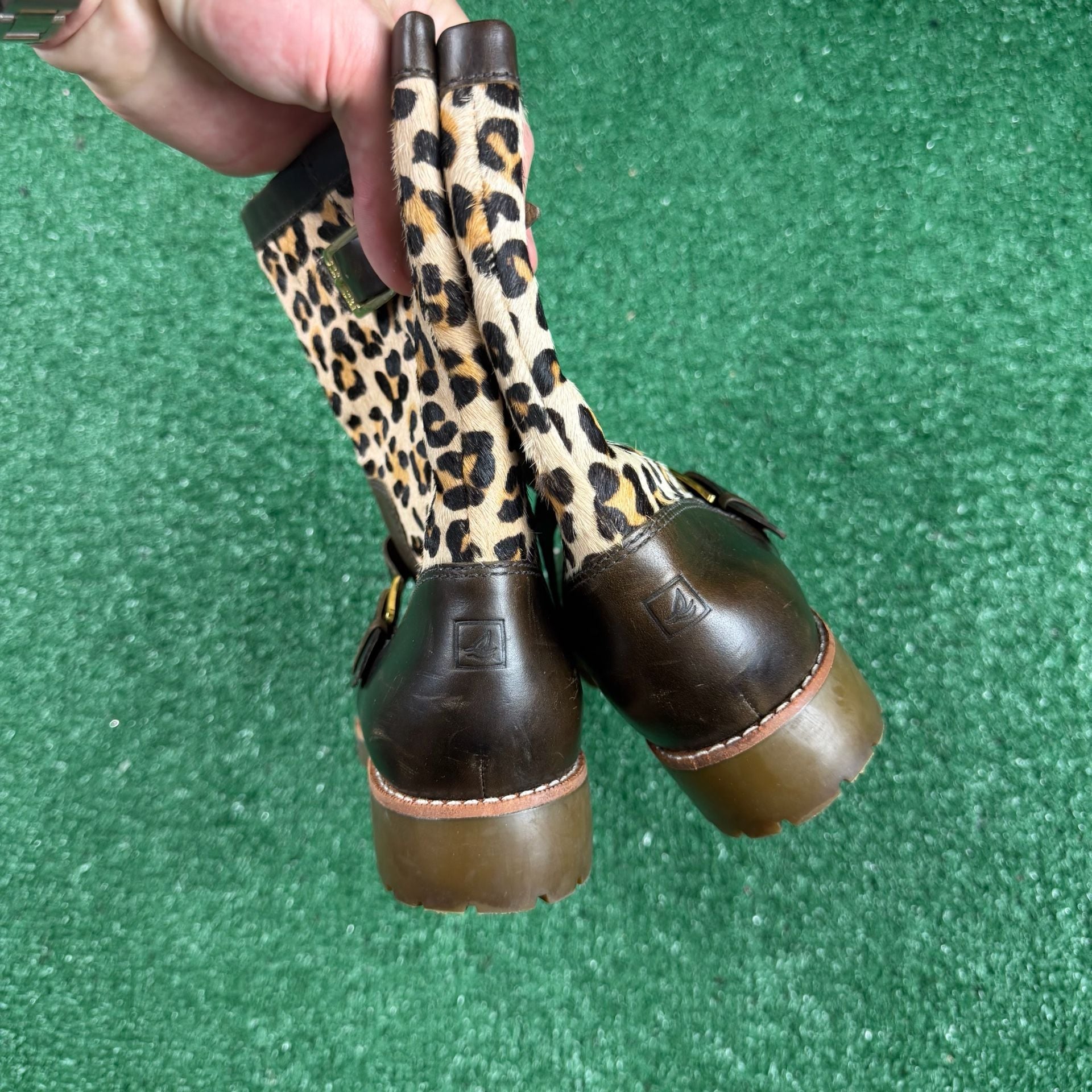 Sperry Leopard Print Leather Buckle Boots Brown 7