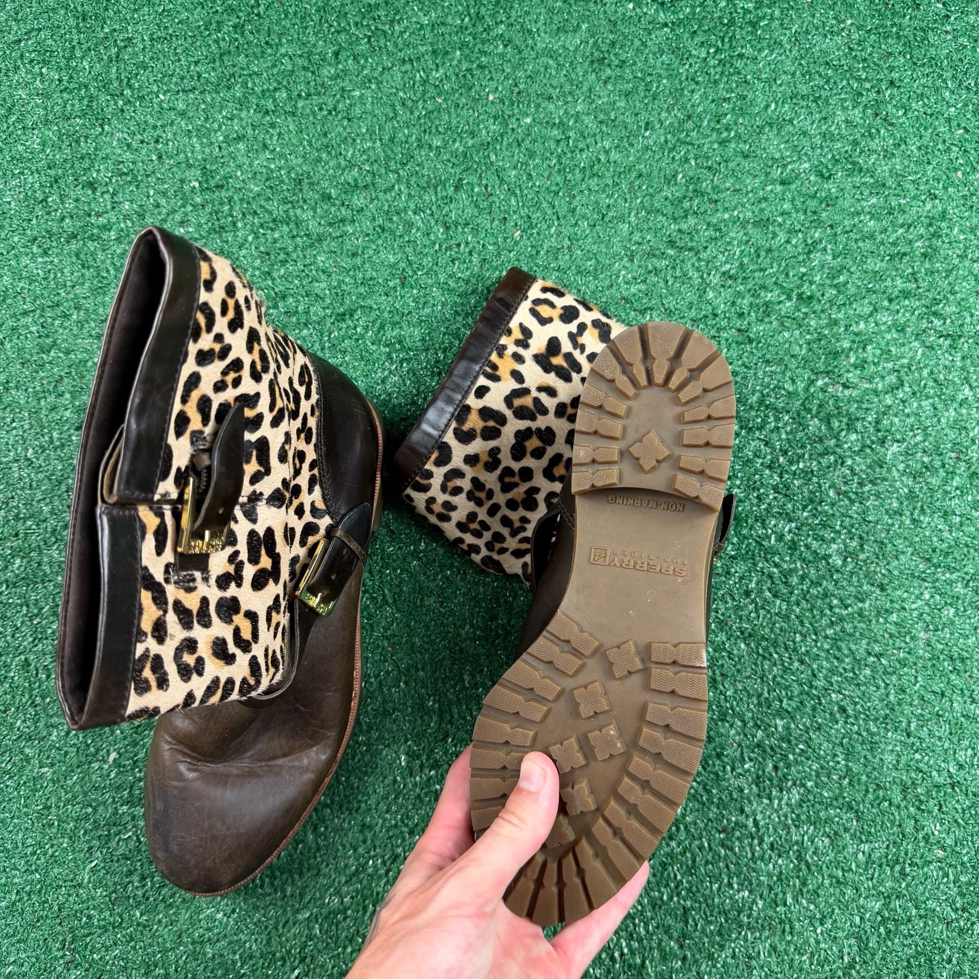 Sperry Leopard Print Leather Buckle Boots Brown 8