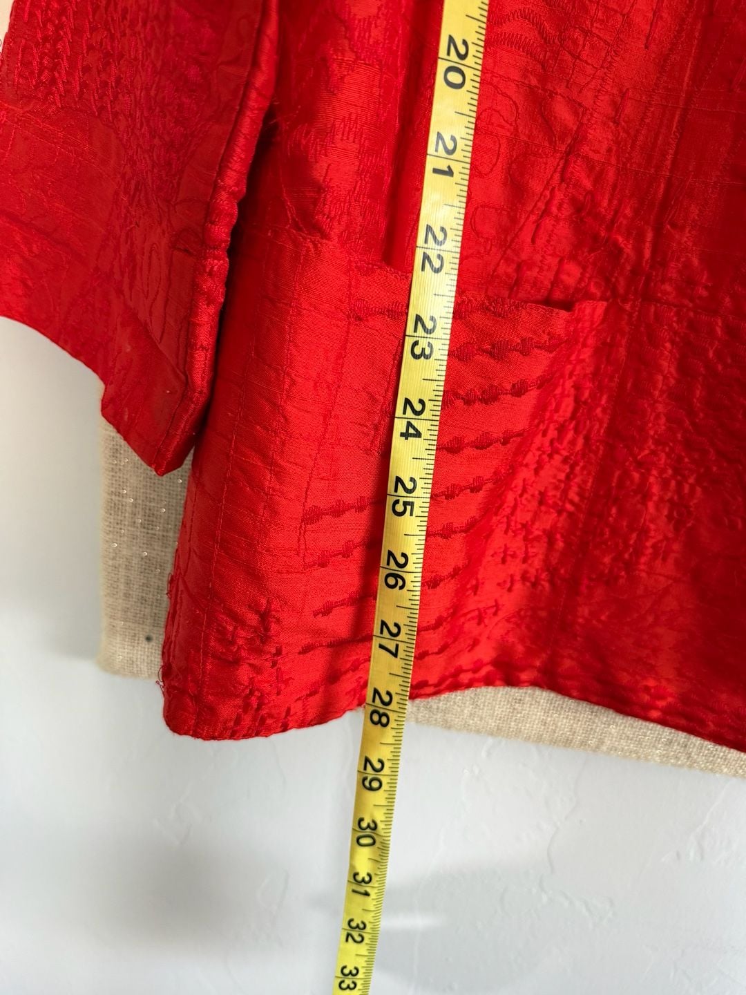 Chico's Jacket Size 1 Red Silk Textured Open Front 5