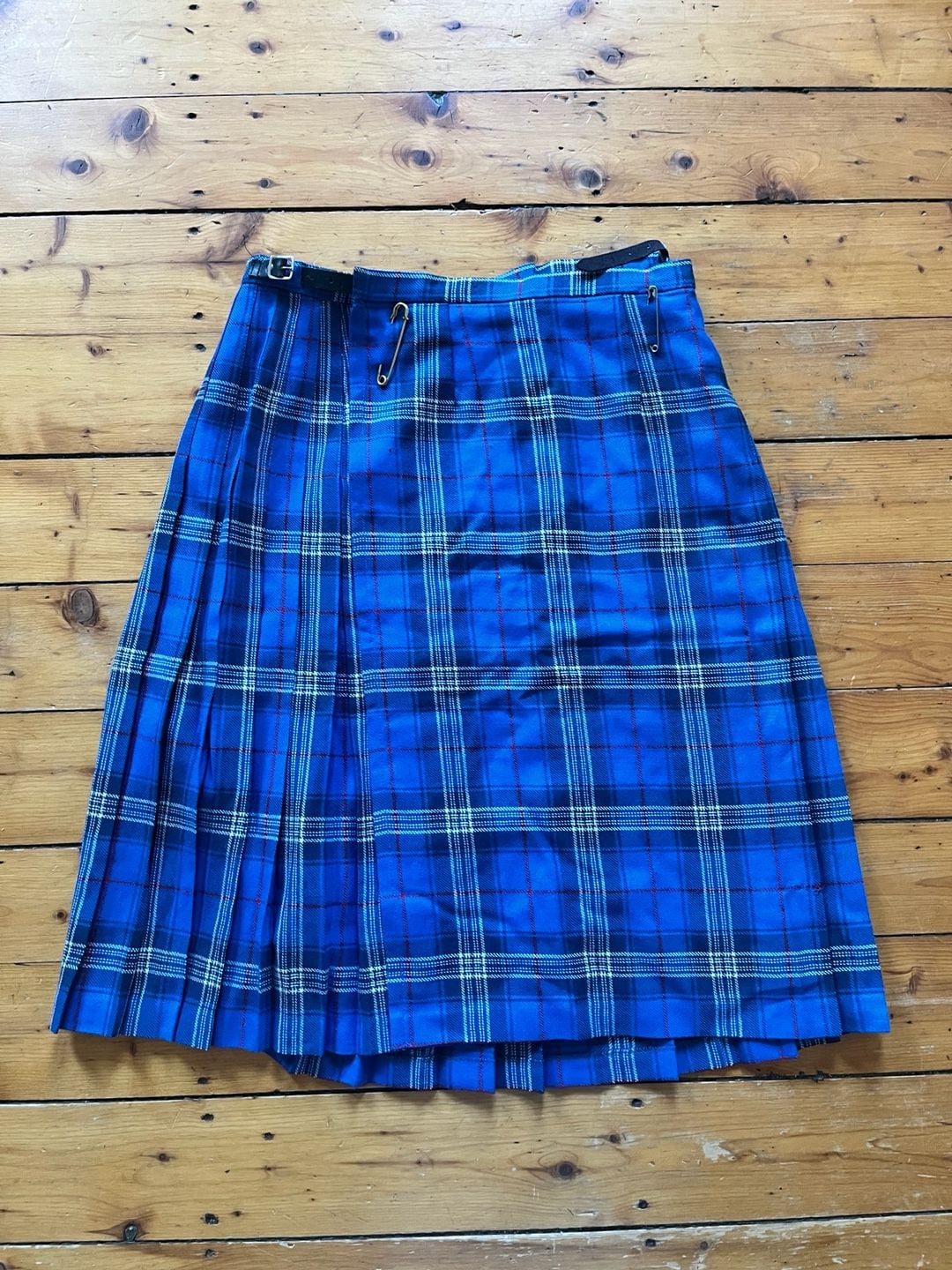 Edinburgh Woollen Mill 70s/80s Vtg Tartan Pleated Wool Kilt Skirt Blue Plaid 20 2