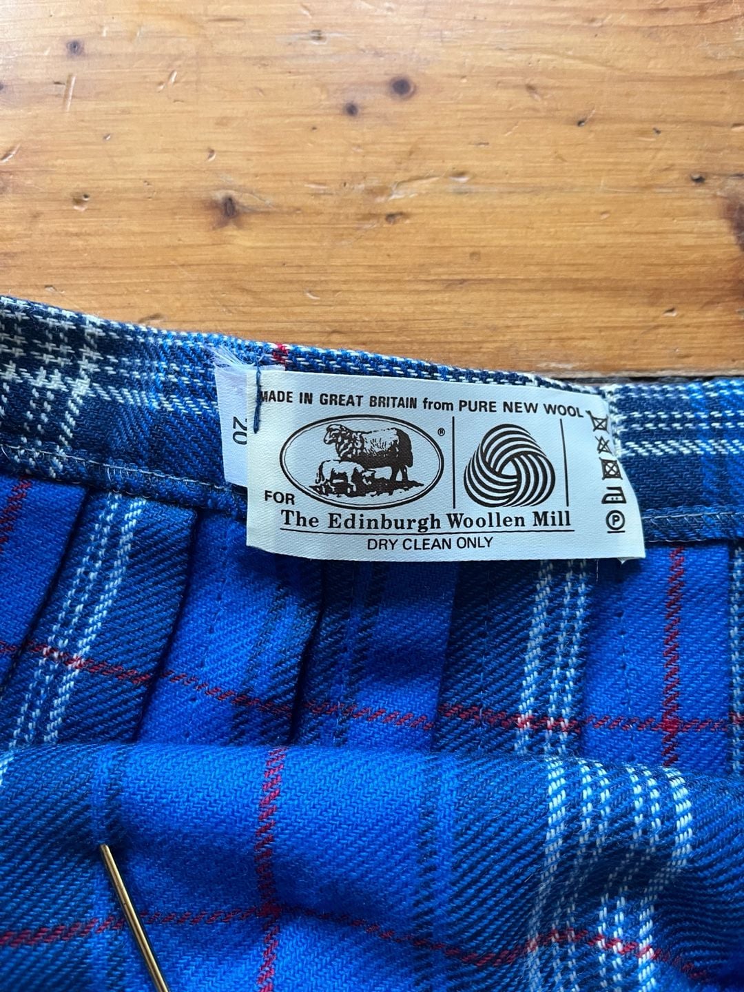 Edinburgh Woollen Mill 70s/80s Vtg Tartan Pleated Wool Kilt Skirt Blue Plaid 20 3