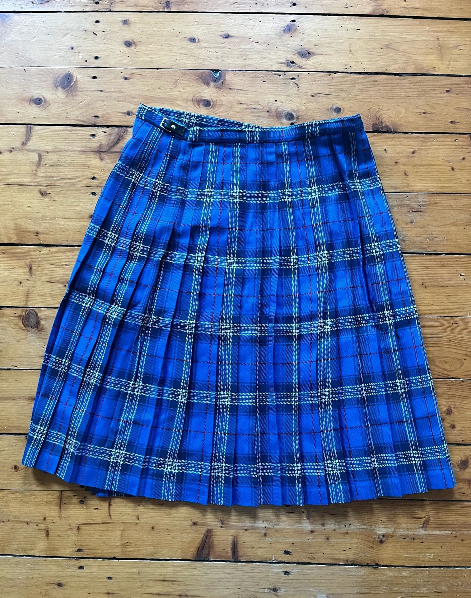 Edinburgh Woollen Mill 70s/80s Vtg Tartan Pleated Wool Kilt Skirt Blue Plaid 20 9