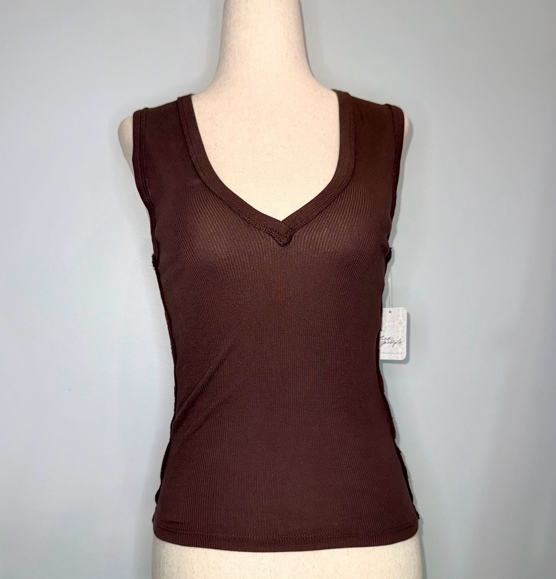 We The Free Tank Top Size XS Chocolate Brown Ribbed V-Neck 2