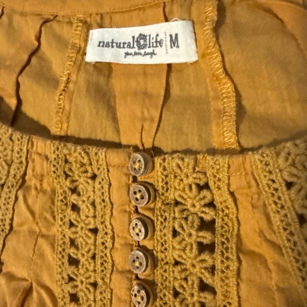 Natural Life Blouse Size M Yellow Crochet Trim Bell Sleeve 2