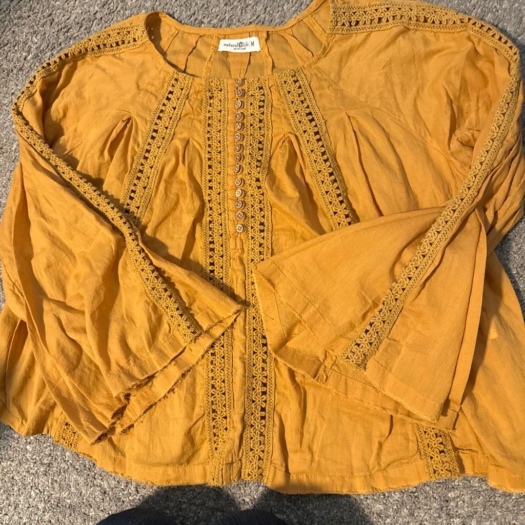 Natural Life Blouse Size M Yellow Crochet Trim Bell Sleeve 3
