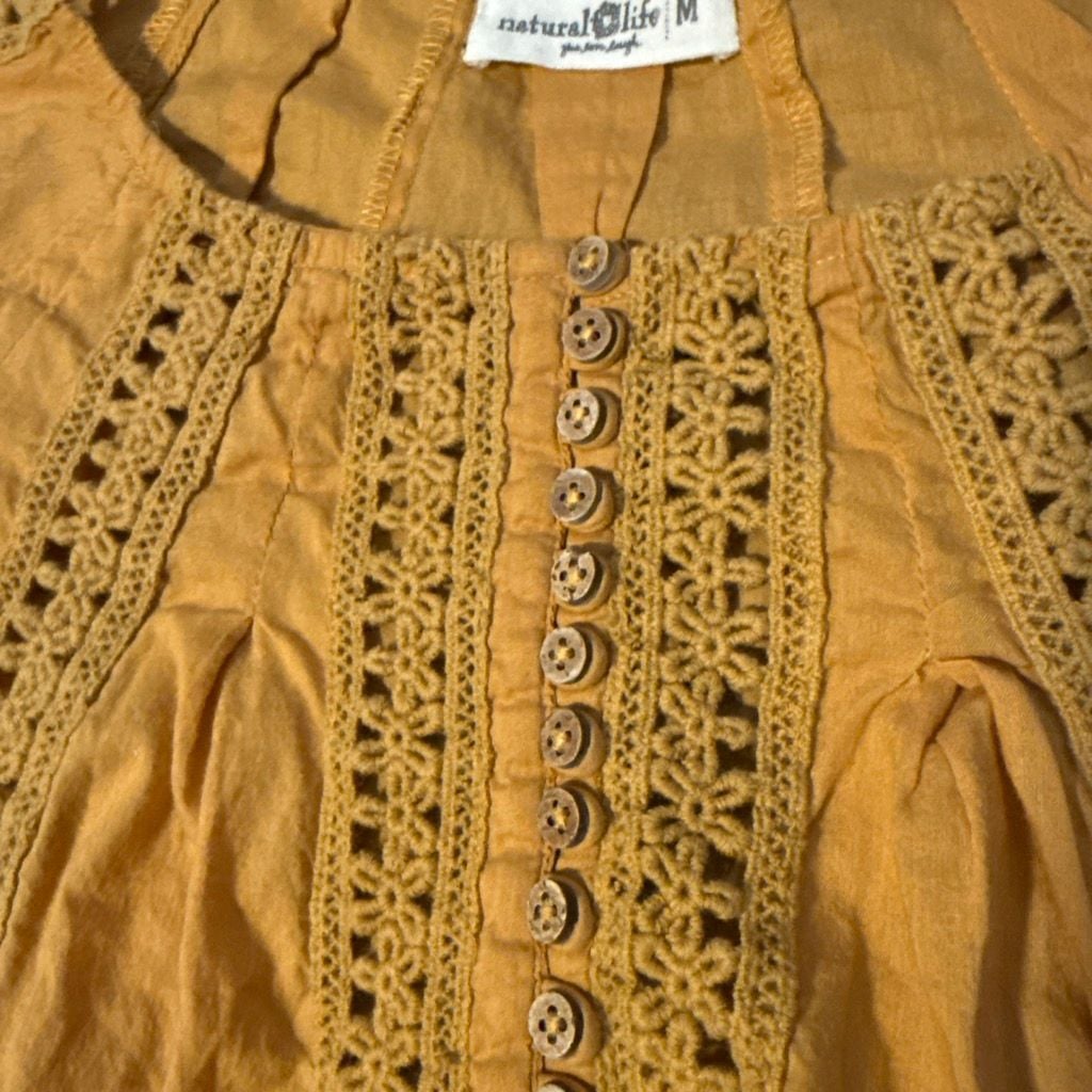 Natural Life Blouse Size M Yellow Crochet Trim Bell Sleeve 4