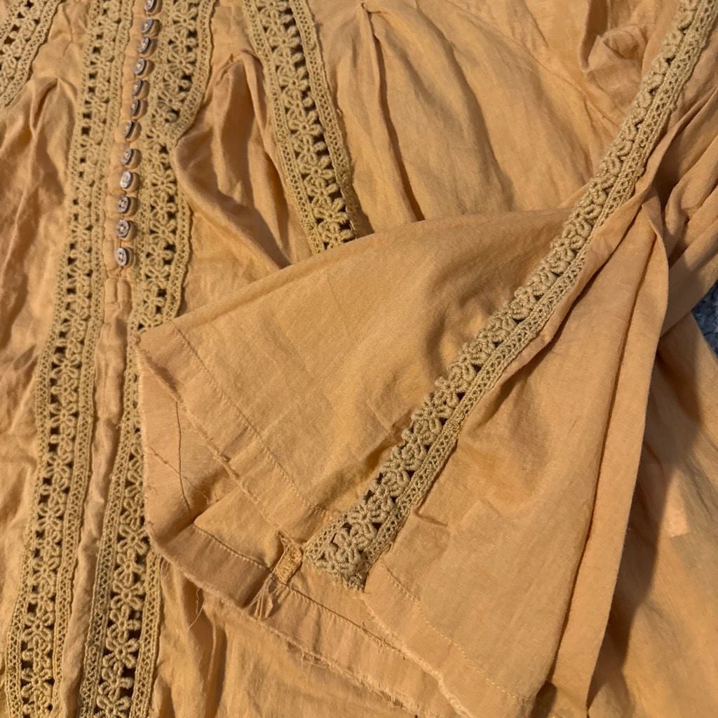 Natural Life Blouse Size M Yellow Crochet Trim Bell Sleeve 5