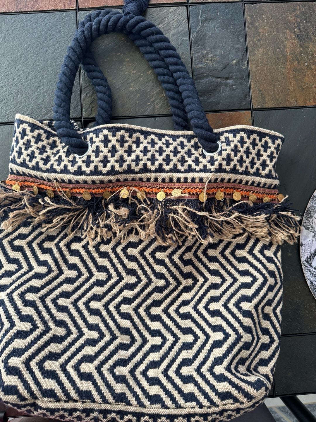 Malini Woven Chevron Fringe Coin Tote Bag Navy Black Cream 3