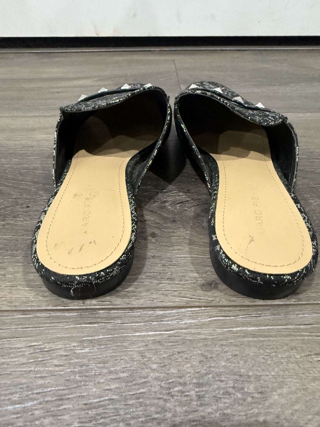 Marc Fisher Wishing Black Silver Metallic Studded Loafer Mules Size 8M 5