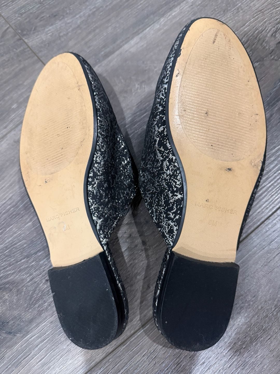 Marc Fisher Wishing Black Silver Metallic Studded Loafer Mules Size 8M 7