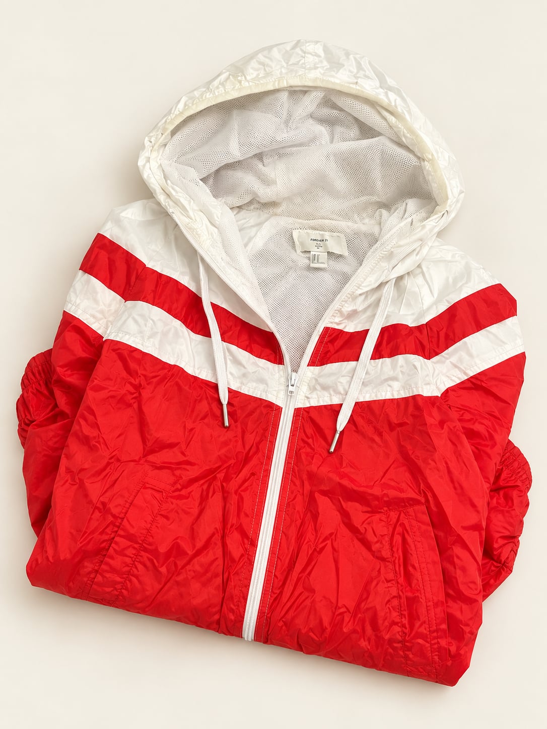 Forever 21 Windbreaker Jacket Size M Red White Hooded 3