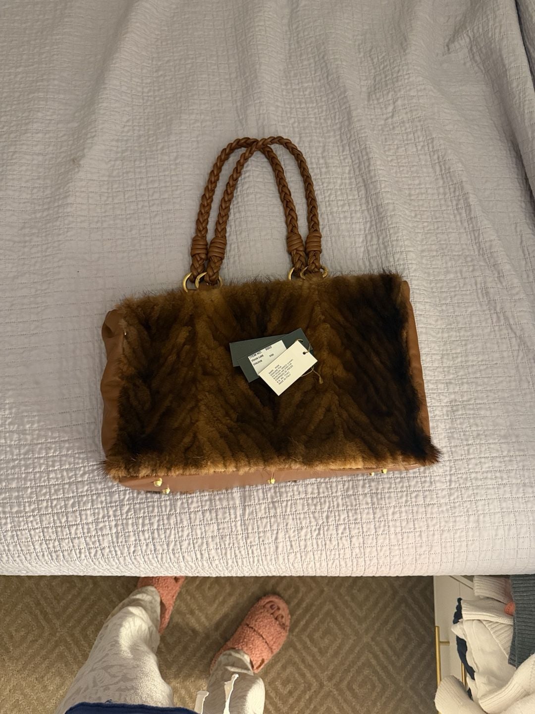Paolo Masi Mink Fur Leather Braided Handle Tote Bag New With Tags 2