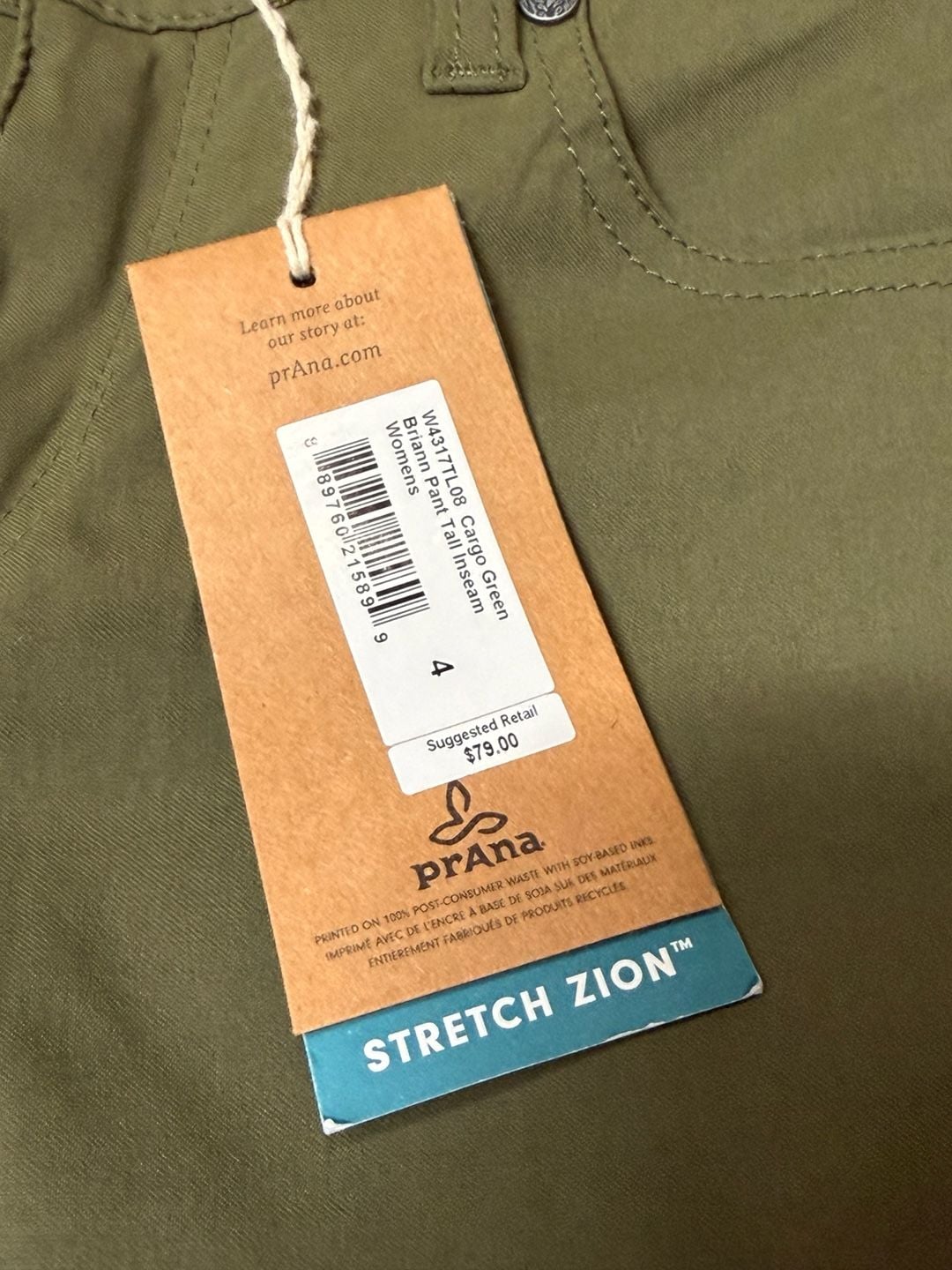 Prana Briann Pant Tall Inseam Size 4 Cargo Green Stretch Zion 4