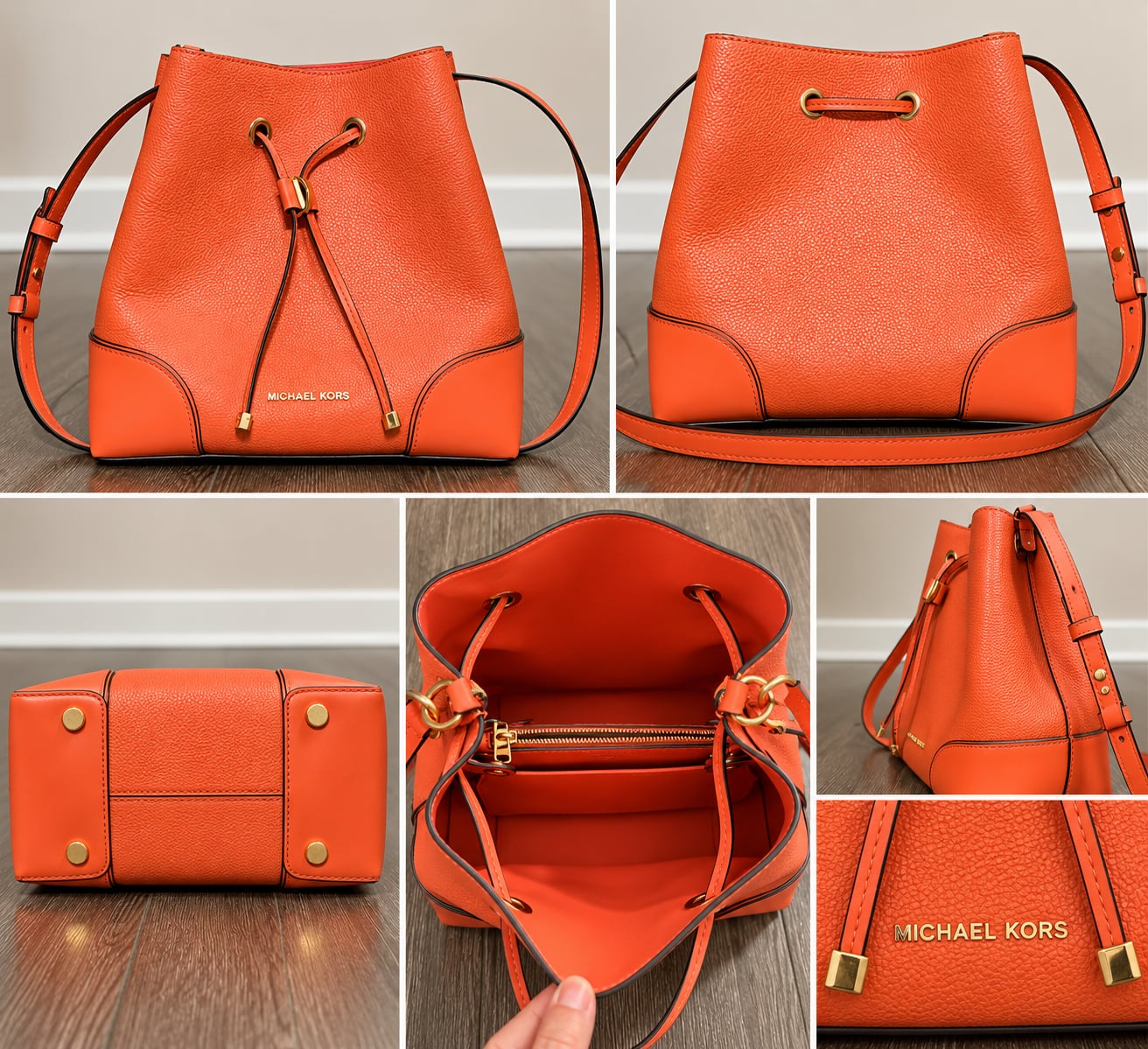 Michael Kors Orange Leather Bucket Bag Purse 2