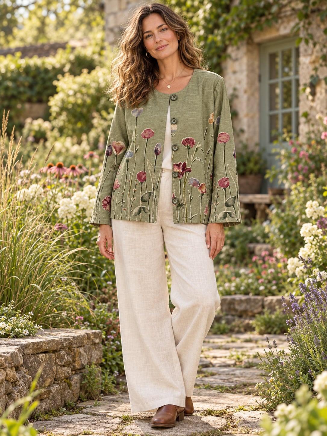 Sage Green Floral Cotton Flax Jacket Small Cottagecore Boho Made in USA 2