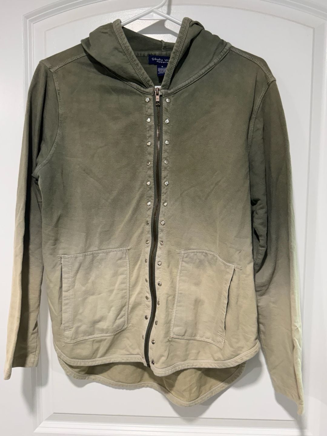 Olive Green Ombre Studded Zip Up Hoodie Boho Grunge Y2K Streetwear Size S 2