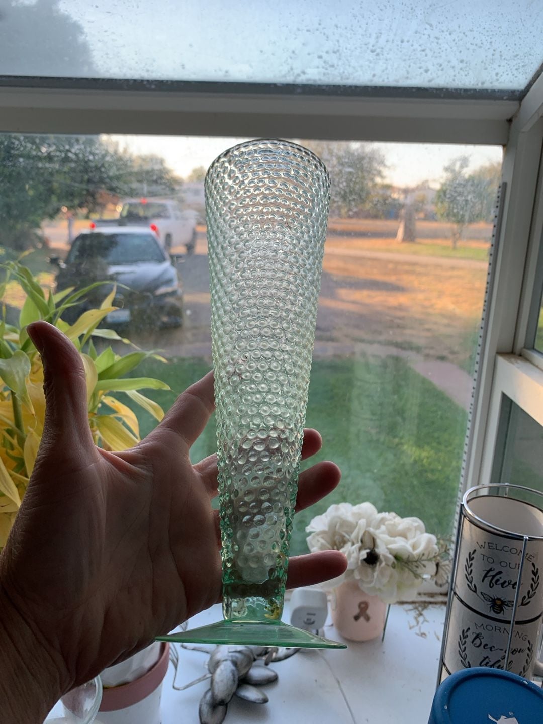 Vintage Green Glass Hobnail Bud Vase Pedestal Footed 10 Inches 3