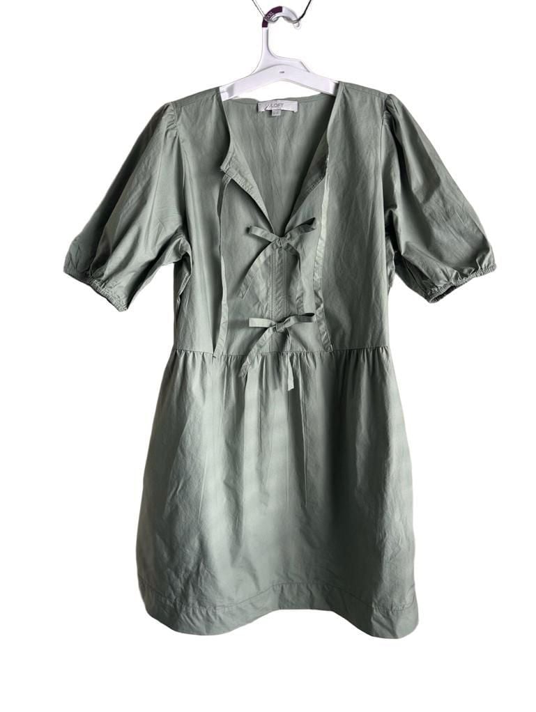 LOFT Puff Sleeve Tie Front Dress Size M Green Cotton 2