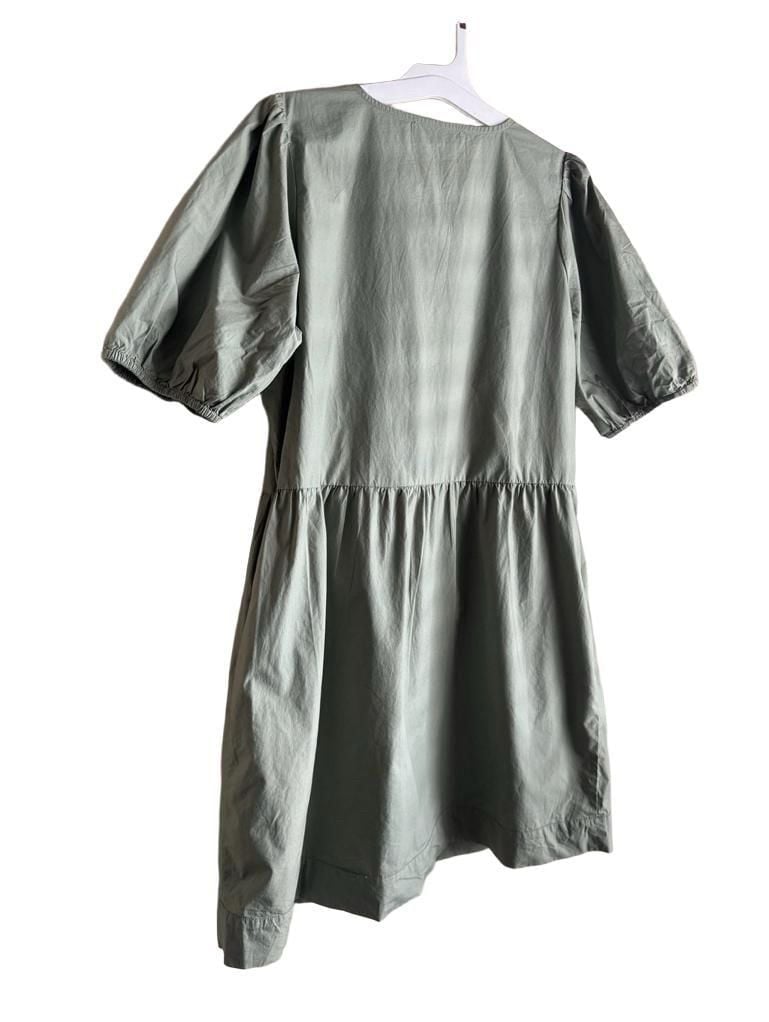 LOFT Puff Sleeve Tie Front Dress Size M Green Cotton 3