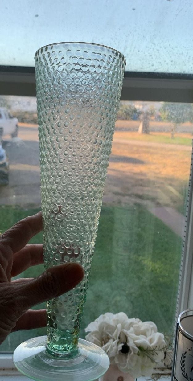 Vintage Green Glass Hobnail Bud Vase Pedestal Footed 10 Inches 1