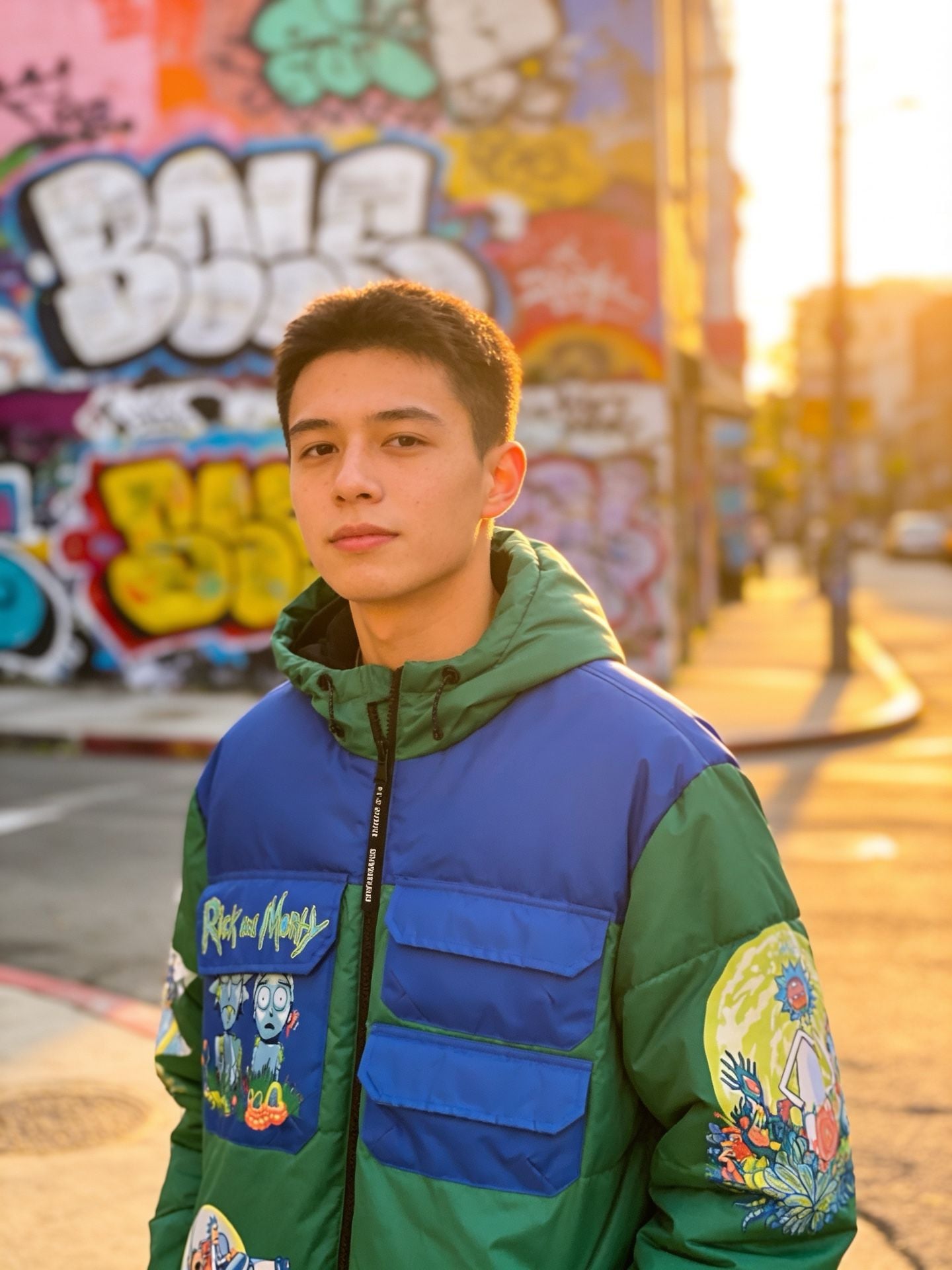 Members Only Rick And Morty Color Block Green and Blue Puffer Jacket Large 2