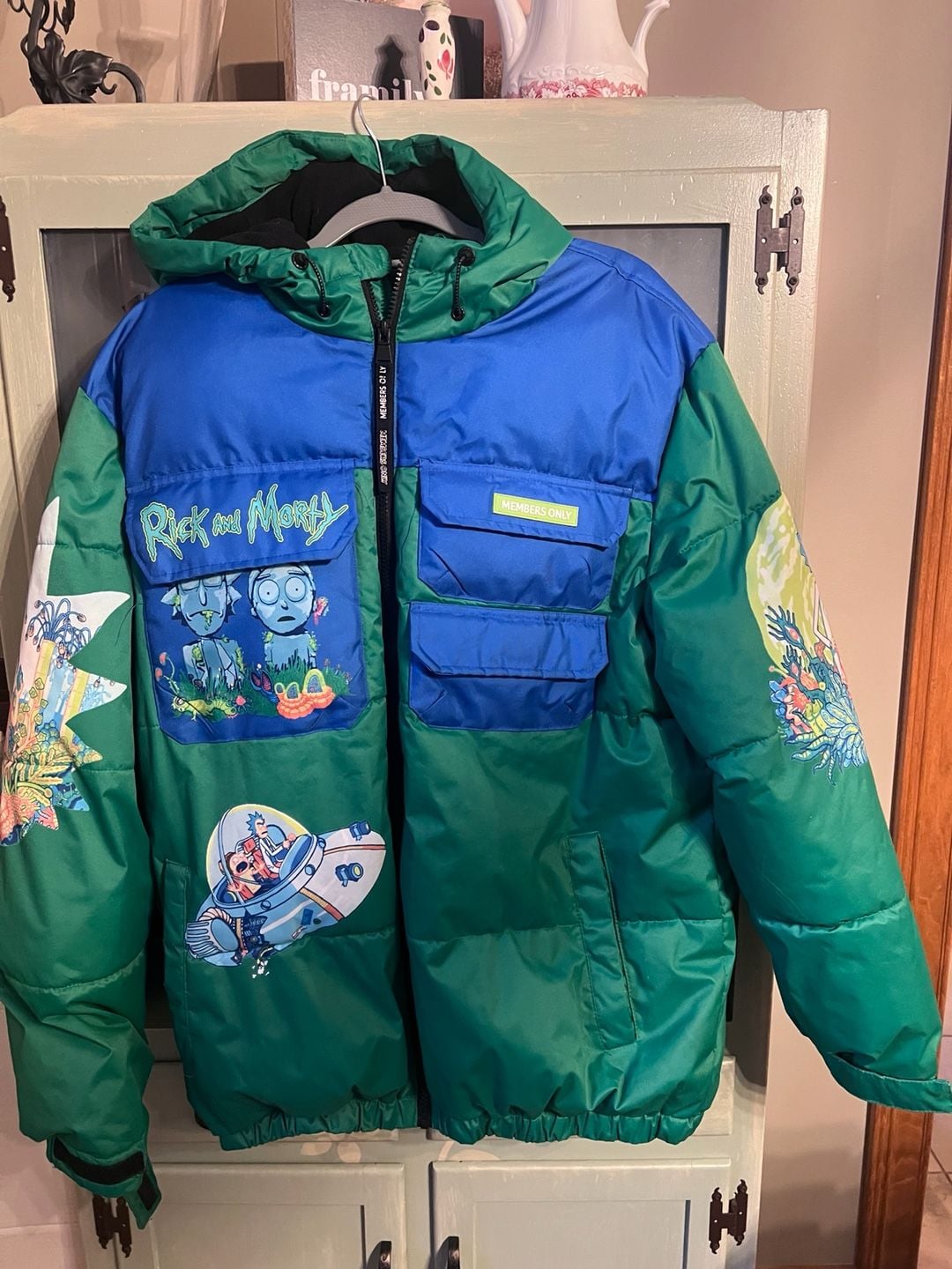 Members Only Rick And Morty Color Block Green and Blue Puffer Jacket Large 3