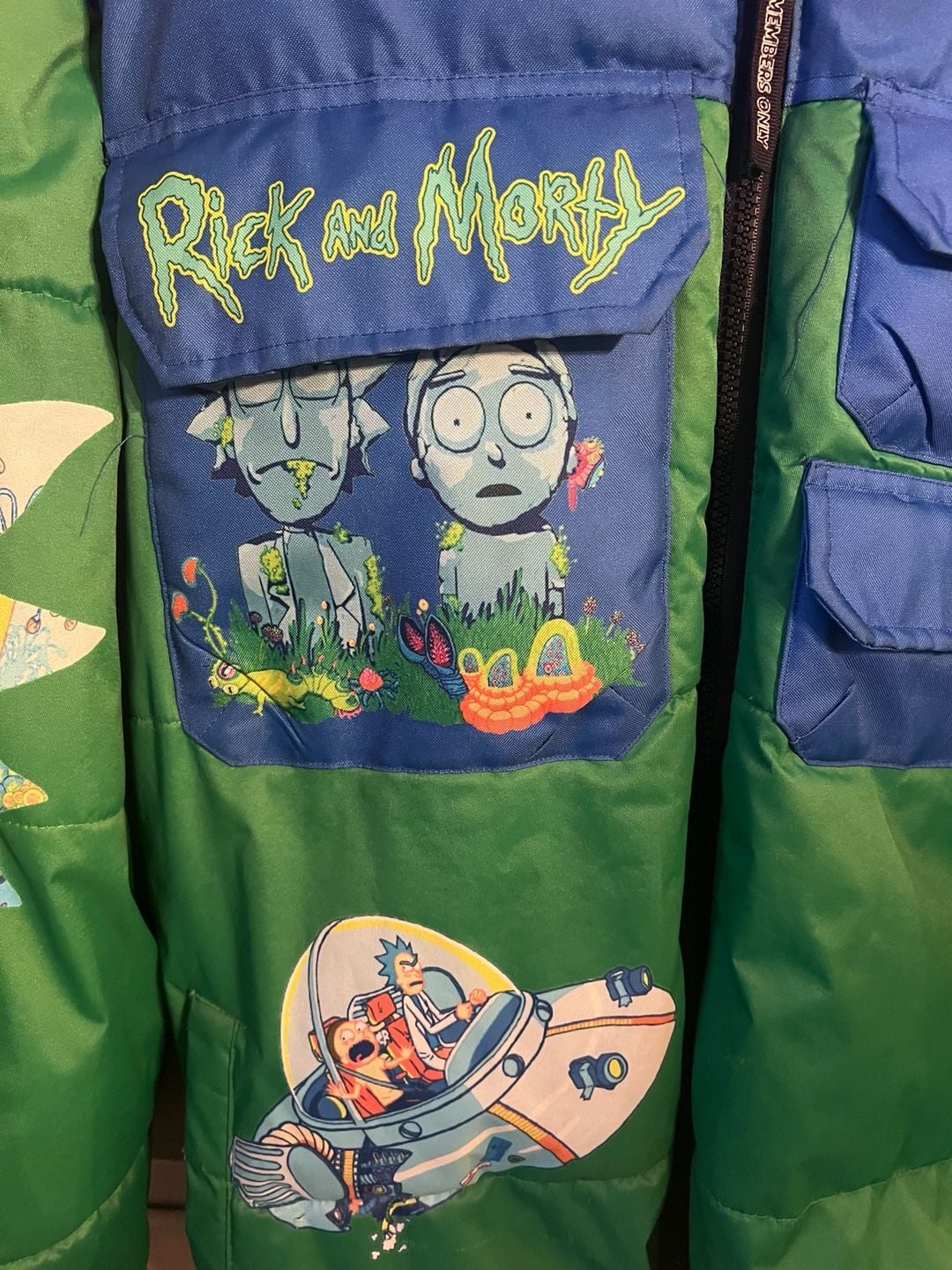 Members Only Rick And Morty Color Block Green and Blue Puffer Jacket Large 4