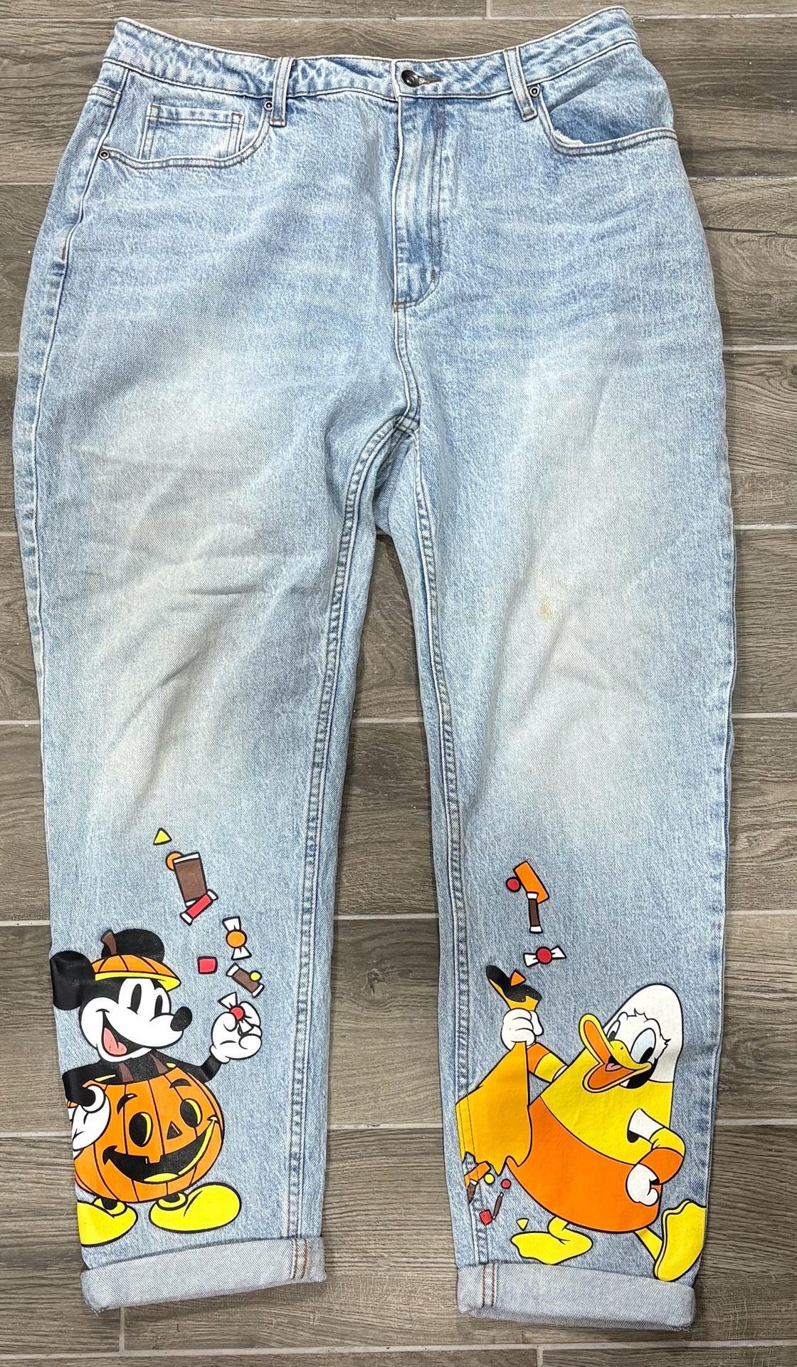 Disney Parks Mickey & Donald Halloween Denim Jeans Light Wash Size XL 1