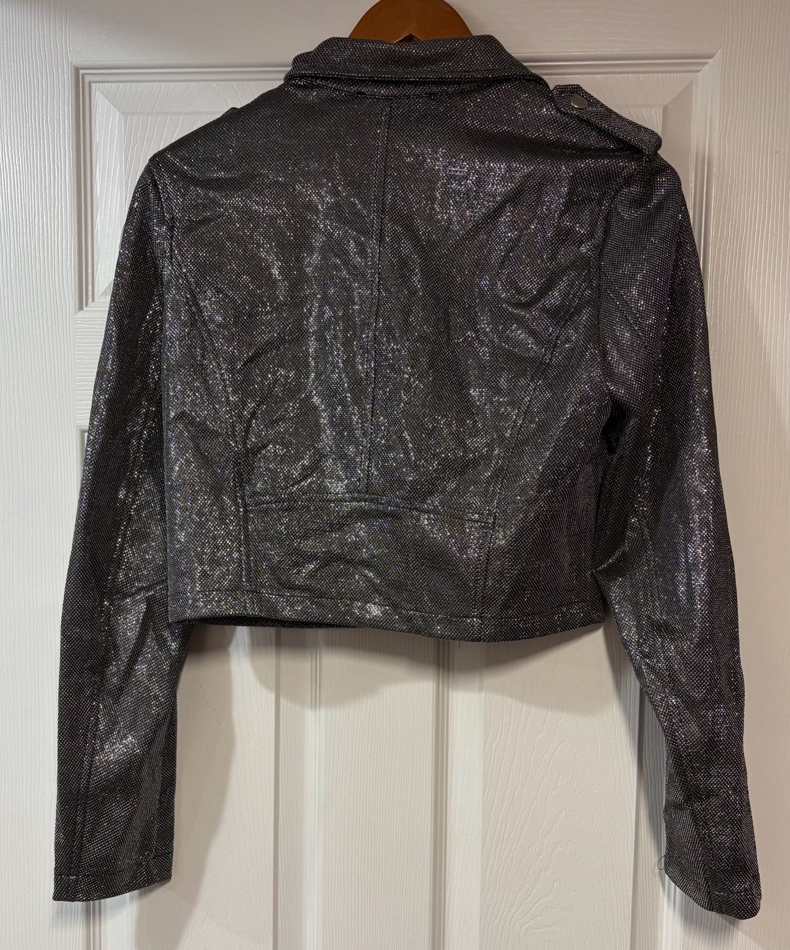 Forever 21 Metallic Moto Jacket Size M Black Silver Cropped Biker 4