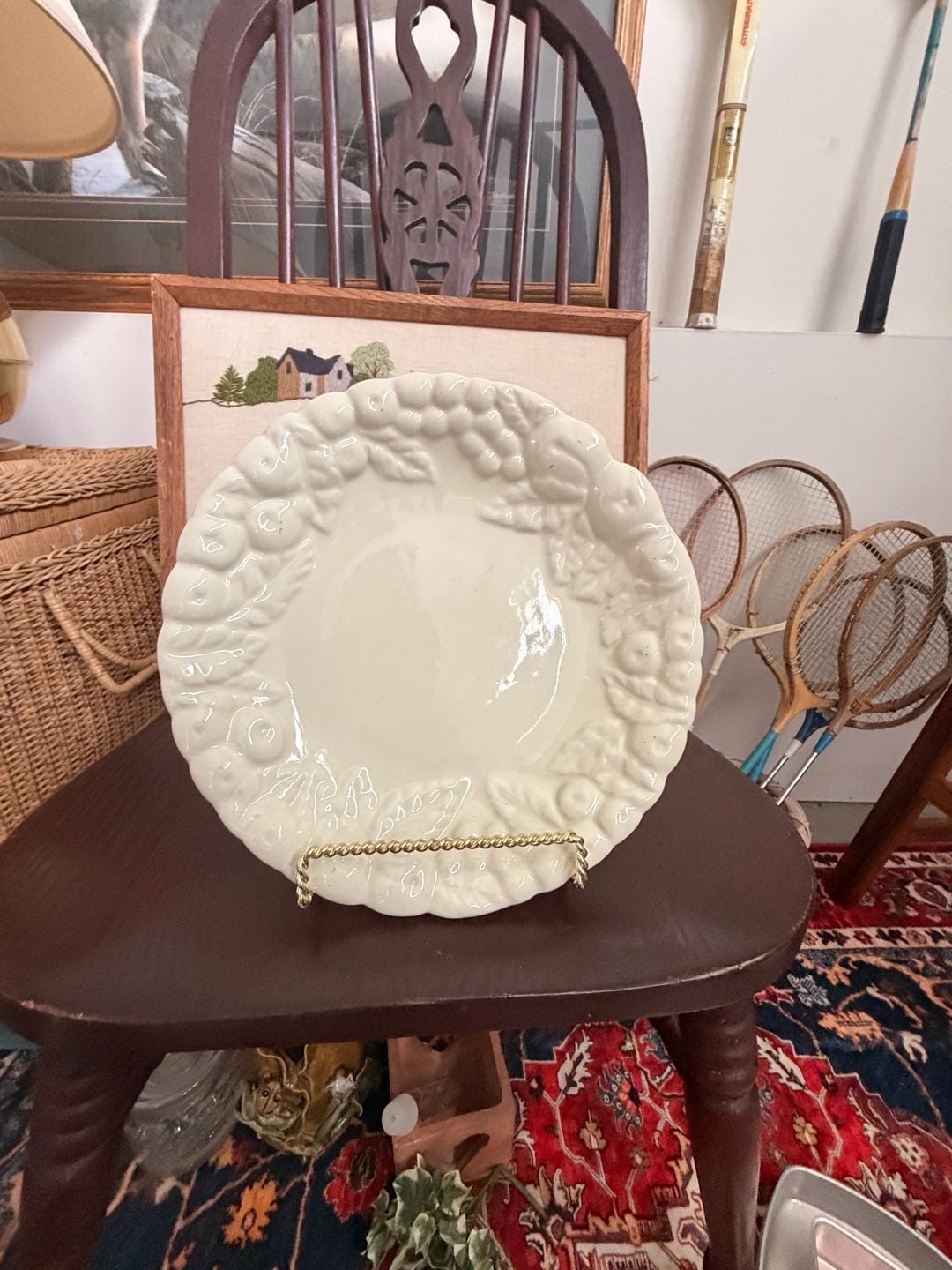 Vintage Claire Burke Ceramic Embossed Fruit & Leaves Decorative Plate Cream 1