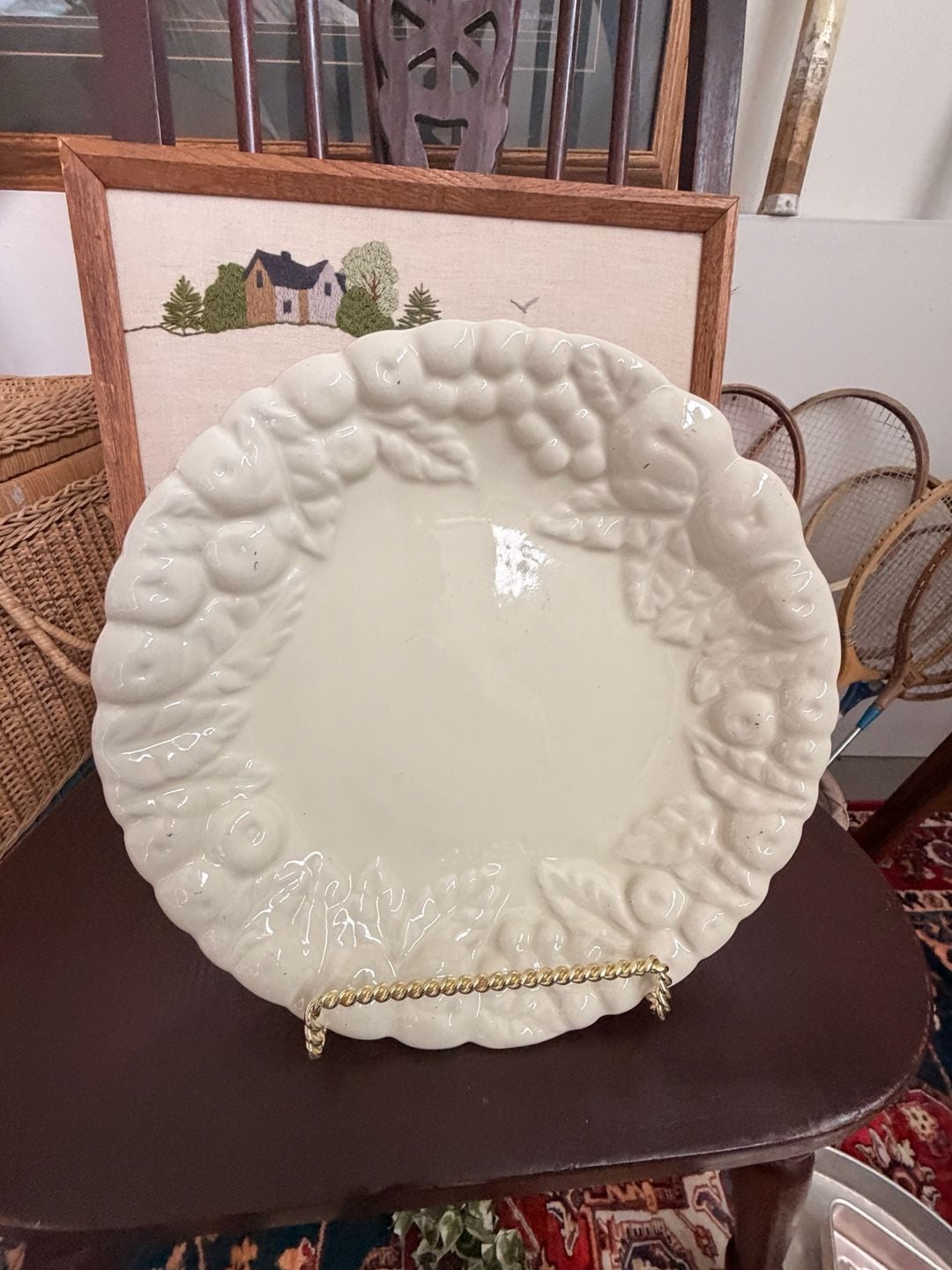 Vintage Claire Burke Ceramic Embossed Fruit & Leaves Decorative Plate Cream 3