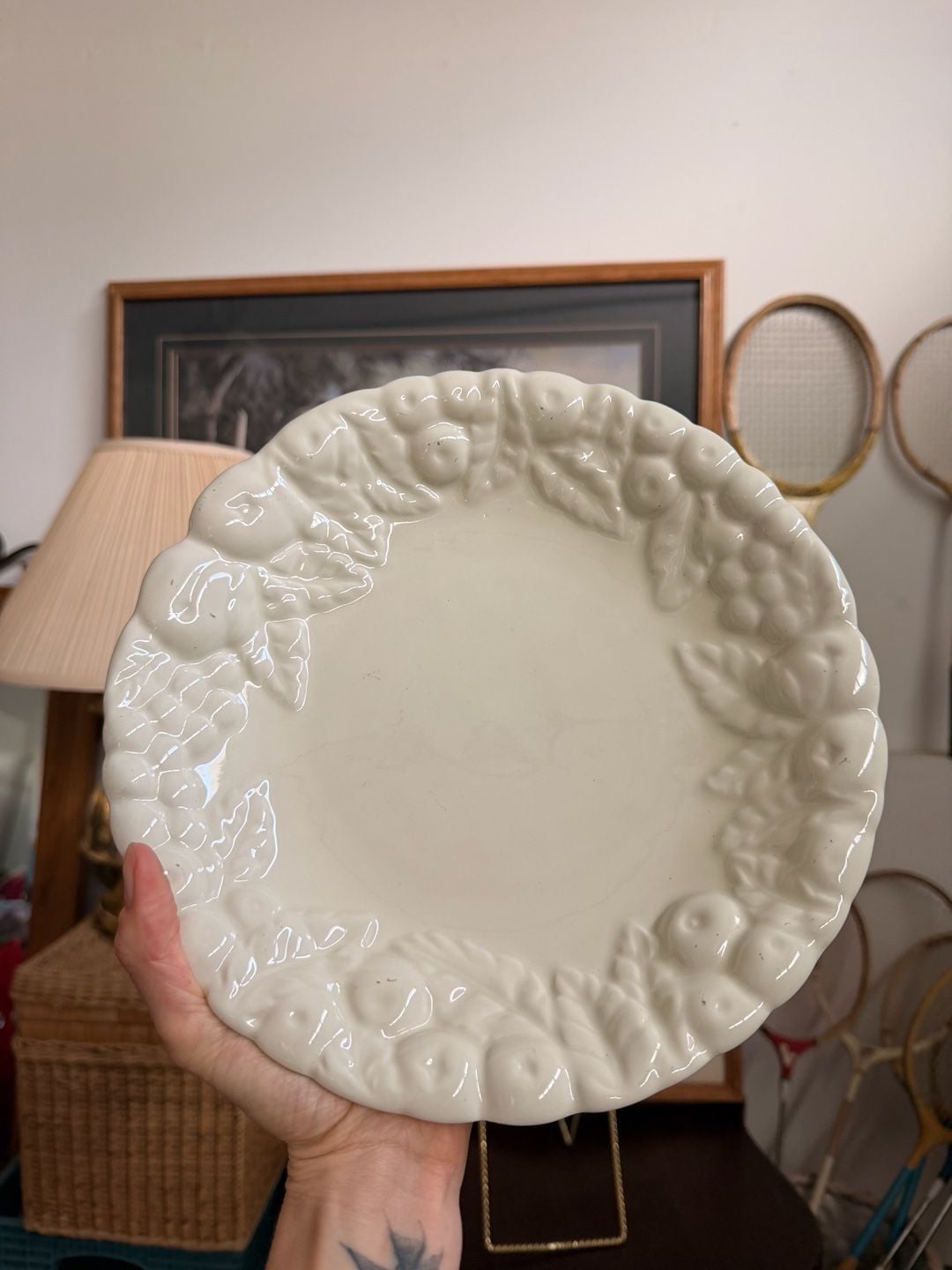 Vintage Claire Burke Ceramic Embossed Fruit & Leaves Decorative Plate Cream 6