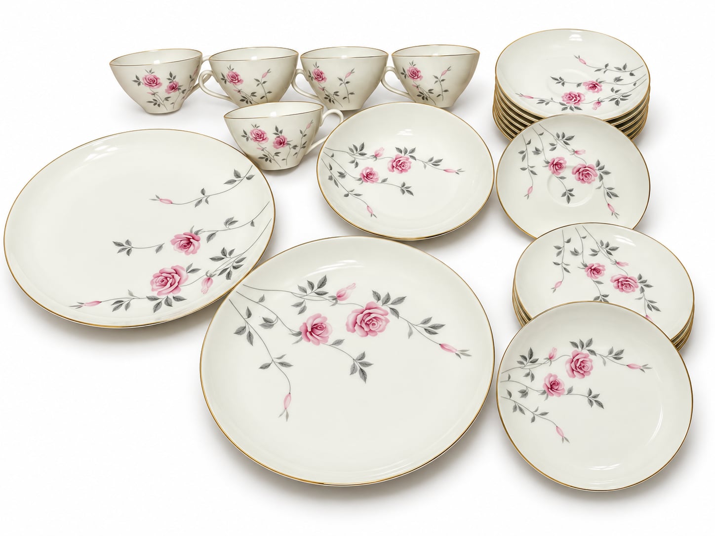Vintage Crest Wood China Rose 927 Japan 29 Piece Dinnerware Set Floral Gold Trim 1