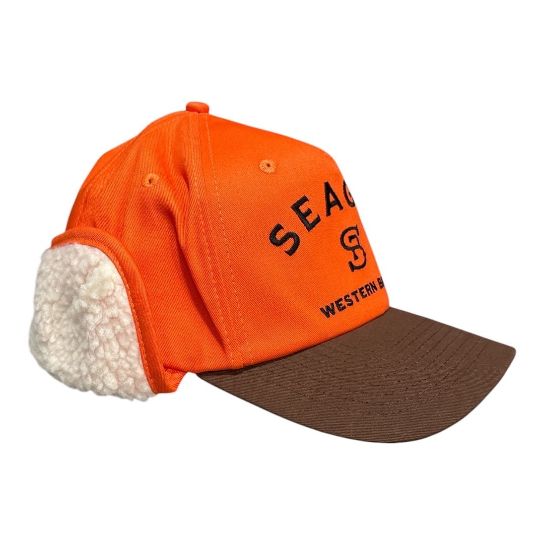Seager Western Brand Ear Flap Hat Orange Brown Sherpa Lined Cap NWT 4