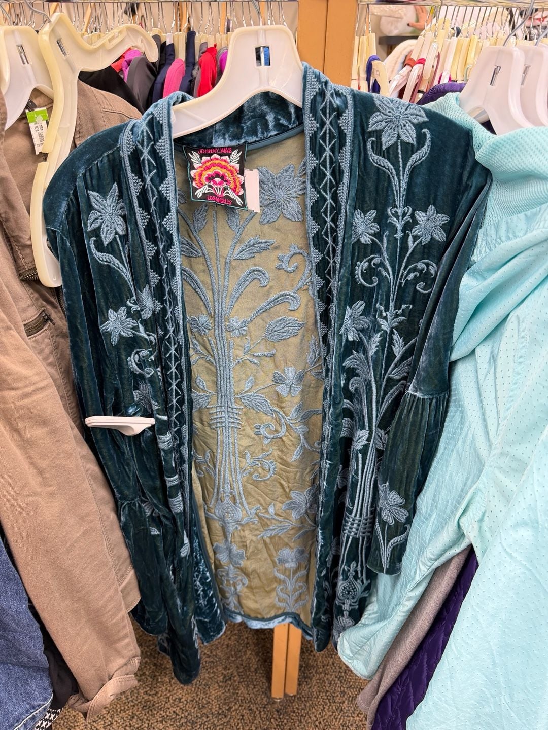 Johnny Was Velvet Embroidered Kimono Jacket Teal 1