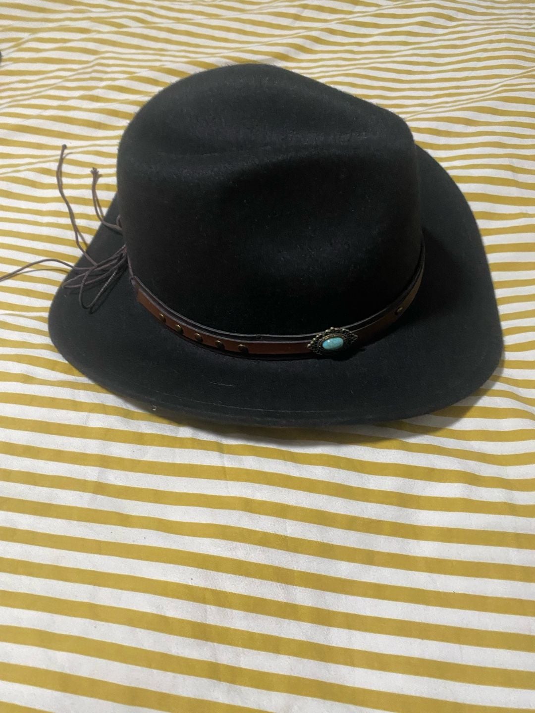 Black Western Fedora Cowboy Hat with Turquoise Concho Band 3
