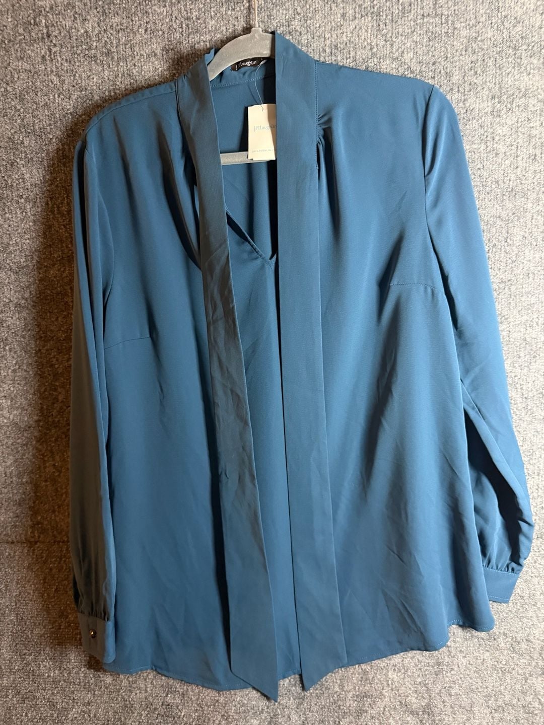 J.McLaughlin Virginia Blouse Size L Petrol Blue Long Sleeve Tie Neck 2