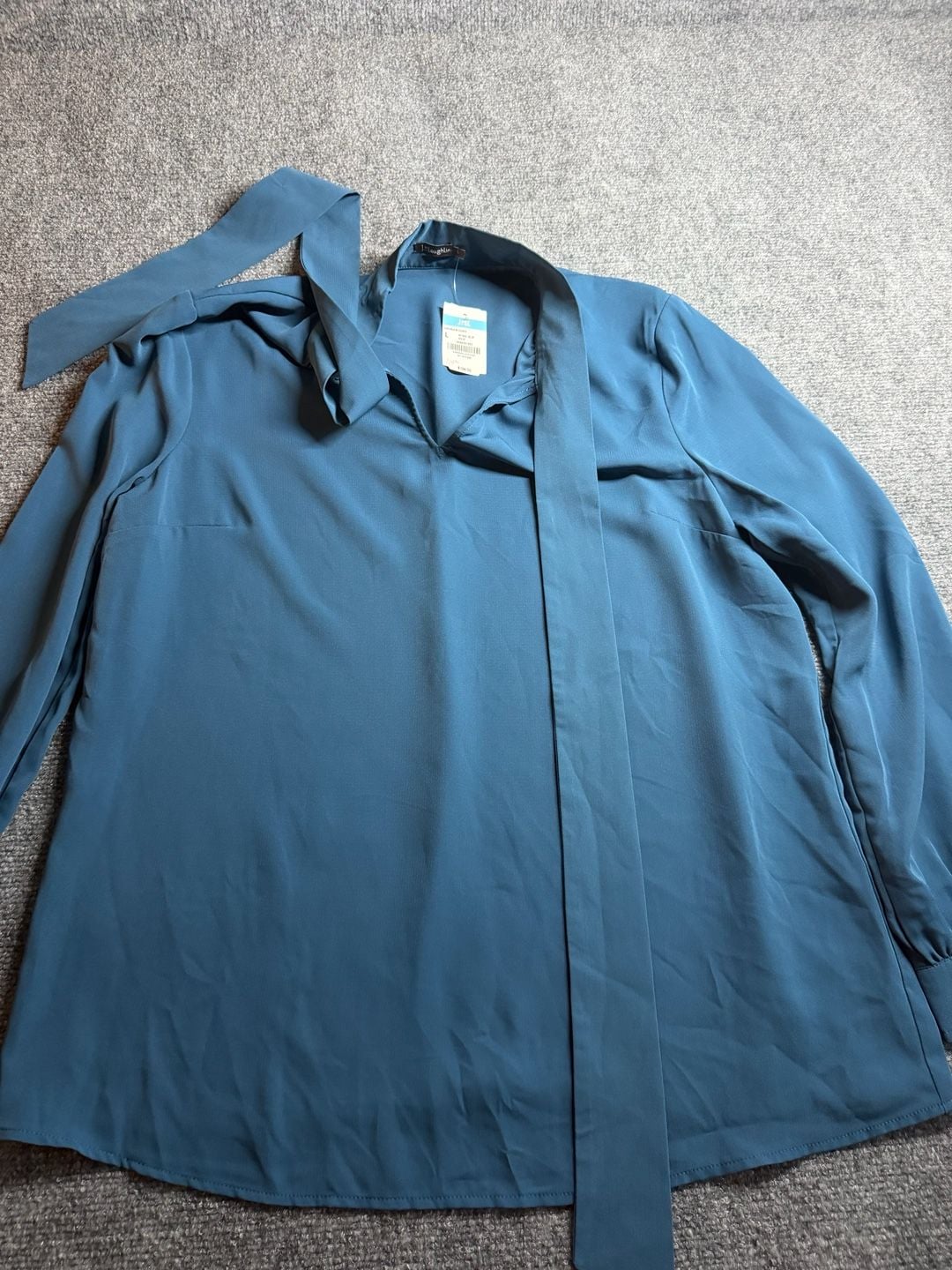 J.McLaughlin Virginia Blouse Size L Petrol Blue Long Sleeve Tie Neck 6
