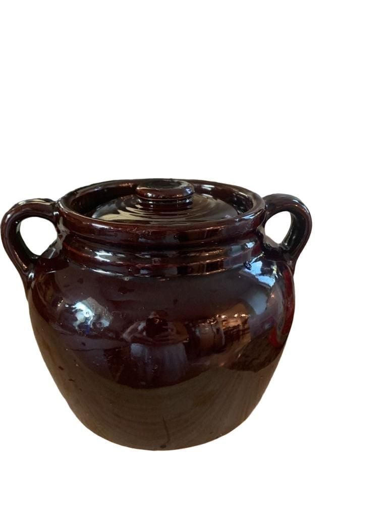 Vintage Brown Glazed Ceramic Crock Bean Pot With Lid 1