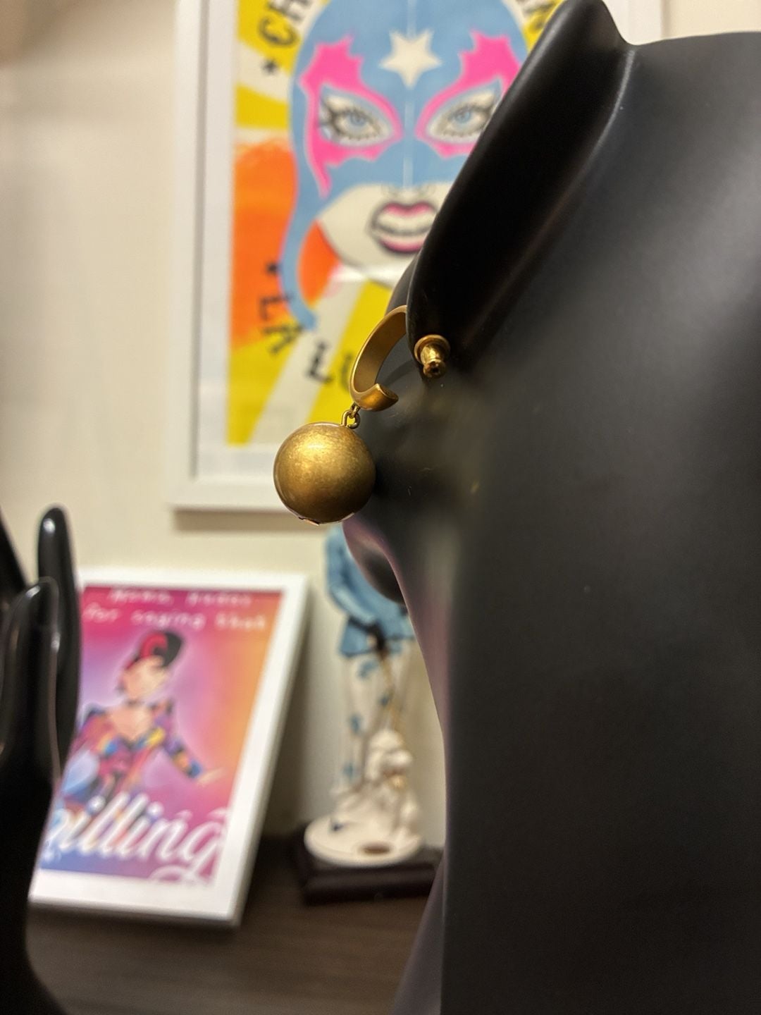 Gold Tone Hoop Drop Ball Earrings Matte Finish 4