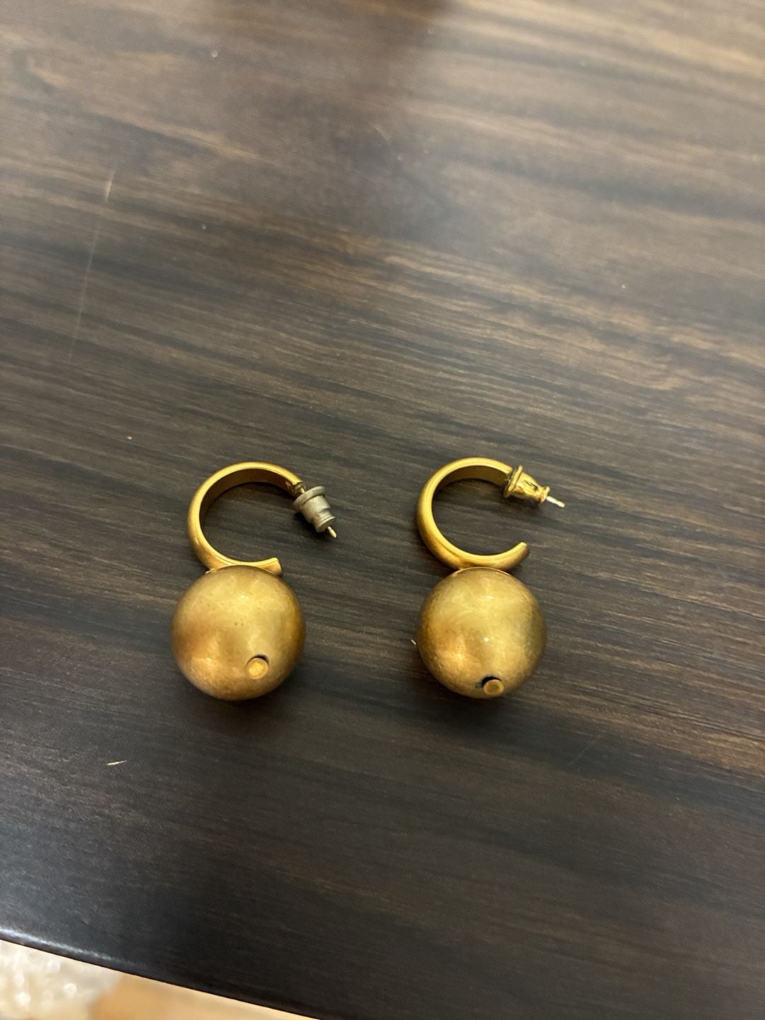 Gold Tone Hoop Drop Ball Earrings Matte Finish 5