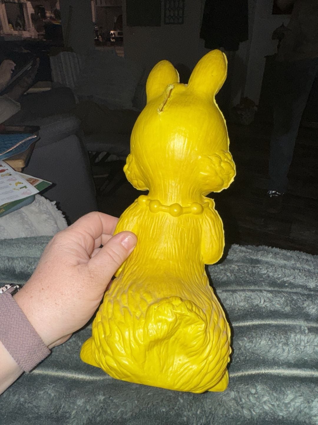 Vintage Yellow Rubber Rabbit Coin Bank Easter Toy 3